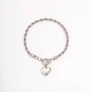 Stainless steel heart pendant OT buckle bracelet, minimalist silver chain jewelry for women.