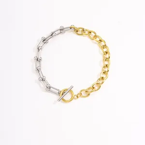 Two-tone stainless steel link bracelet featuring OT toggle clasp for modern women fashion.