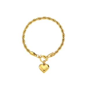 Gold stainless steel rope chain bracelet with cute heart pendant and toggle OT clasp jewelry.