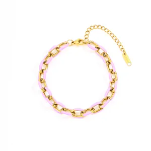 Edelstahl rosa Emaillierte Kubanische Gliederkette Armband, Damen Mode Goldfarben Schmuck.