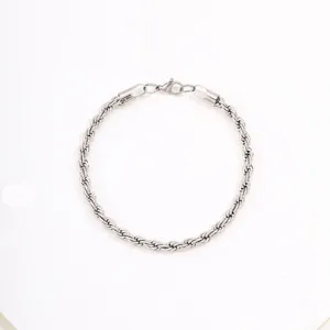 Stainless steel rope chain bracelet detail view, minimalist silver metal jewelry piece.