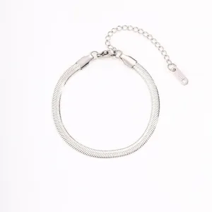 Minimalist stainless steel flat snake chain bracelet for women, versatile silver metal jewelry.
