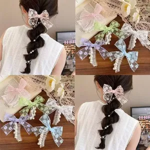 Sweet Lace Bow Artificial Pearl Telephone Wire Hair Tie Spiral Hair Ring For Women Girls French Elegant Hair Accessories