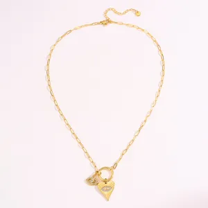 Gold titanium steel paperclip chain necklace featuring evil eye and heart pendants for women.
