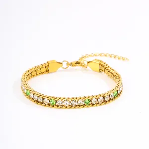 Close up view of gold tone stainless steel rhinestone crystal tennis bracelet detail