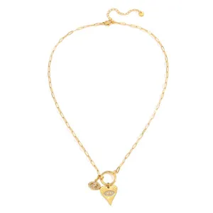 Gold evil eye heart necklace for women, titanium steel paperclip chain with toggle clasp.