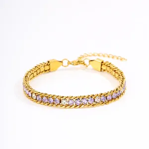 Titanium steel women gold bracelet with colorful zirconia rhinestones, elegant luxury jewelry.