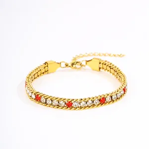 Gold stainless steel bracelet with alternating red and clear zirconia stones.
