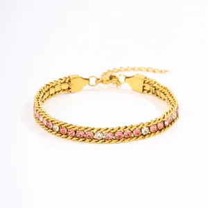 Exquisite titanium steel bracelet detailed view featuring sparkling pink and clear cubic zirconia stones.