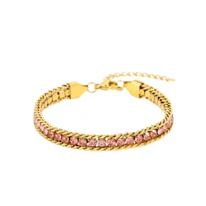 Gold titanium steel bracelet for women, elegant pink cubic zirconia rhinestone tennis chain link.