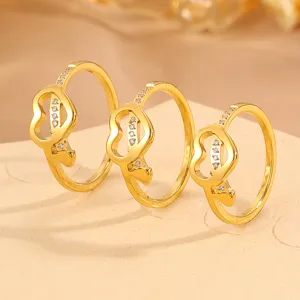 Heart Crown Rhinestone Open Ring For Women 18K Gold Plated Stainless Steel V Shaped Wave Stackable Ring Small Design Fashion Jewelry Finger Ring