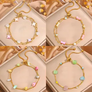 Fashion Stainless Steel Stacking Bracelet For Women Gold Color Adjustable Bolo Chain Heart Star Geometric Artificial Pearl Multi-Layer Beads Bracelet Gift Jewelry