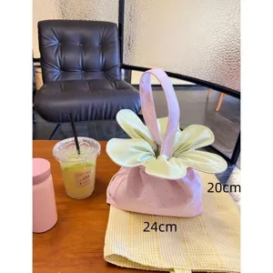 Cute strawberry flower handbag with polka dot design, stylish small storage tote bag.