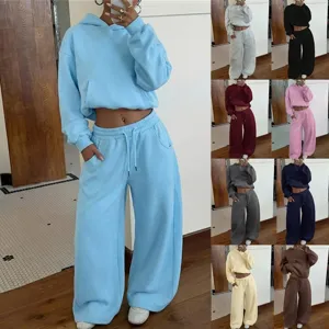 Women Fleece Hoodie And Wide Leg Sweatpants Set Casual Two Piece Tracksuit Streetwear Outfit