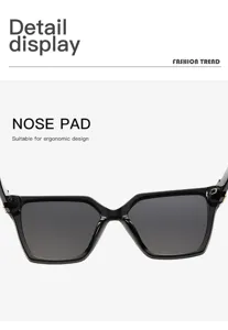 Primer plano de elegantes gafas de sol cuadradas negras con soporte nasal ergonómico.