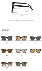 Detalle de gafas de sol con diamantes, ancho 14.6cm y opciones de color de C1 a C8.