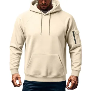 Men's Casual Fleece Hoodie Winter Thermal Pullover with Sleeve Pocket Beige Size L