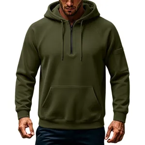 Men's army green tactical half-zip hoodie featuring raglan sleeves and kangaroo pocket.