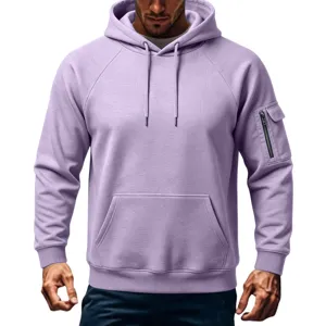 Men purple fleece hoodie detail showing sleeve zipper pocket and cozy drawstring hood.