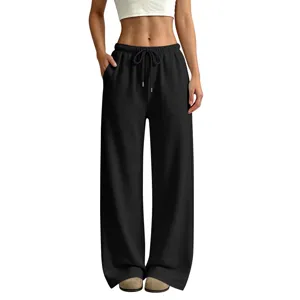 Women's fleece-lined loose casual wide-leg sweatpants high waist drawstring straight trousers