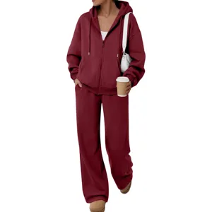Burgundy fleece tracksuit detail, soft zip hoodie and wide leg pants comfort style.