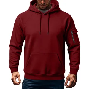 Men's fleece-lined tactical hoodie in dark red with zipper sleeve pocket and kangaroo pocket.