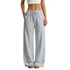Women's grey fleece-lined loose casual straight leg sweatpants for outdoor wear.
