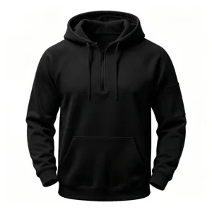 Black half-zip hoodie detail showing drawstring hood, raglan sleeves, and kangaroo pocket.
