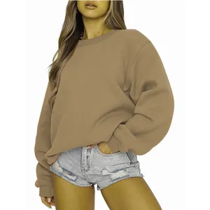 Sweat-shirt décontracté uni kaki à col rond et manches longues pour hommes et femmes.