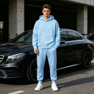 Men's fleece-lined hooded tracksuit casual sports two-piece set in light blue color.