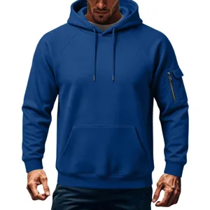 Men's heavy fleece-lined hooded sweatshirt with sleeve pocket winter casual pullover hoodie