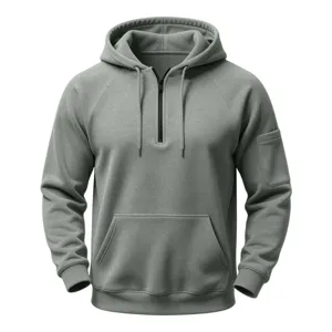 Detail view of the men's half-zip hooded sweatshirt, showing the sleeve pocket and drawstring.
