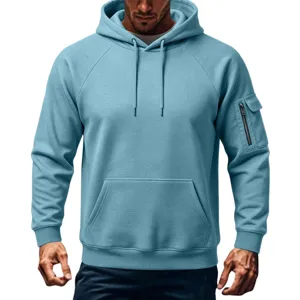 Men's light blue fleece hoodie featuring a practical sleeve zipper pocket and cozy hood.
