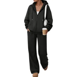 Casual solid color fleece tracksuit featuring a cozy zip hoodie and stylish wide leg pants.