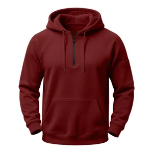 Men's dark red half-zip hooded sweatshirt detail view, casual raglan long sleeve pullover.