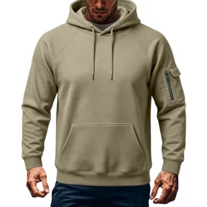 Men's Fleece Lined Utility Hoodie Casual Khaki Pullover Sweatshirt with Sleeve Pocket