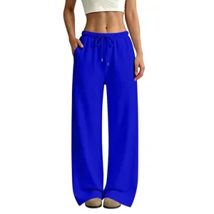 Women royal blue wide leg sweatpants high waist casual drawstring loose lounge trousers pants