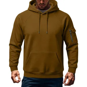 Men's heavyweight fleece lined brown hoodie casual tactical streetwear sweatshirt.