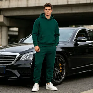 Men's solid color fleece lined hooded sweatshirt and sweatpants casual sports tracksuit set.