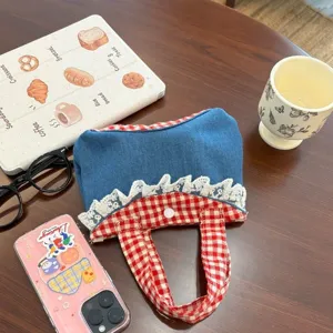 Korean sweet blue denim handbag with red plaid strap and white lace trim, cute retro style tote bag.