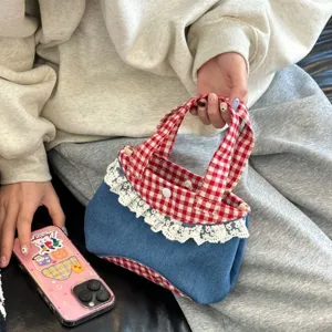Korean style sweet denim handbag with red white plaid and lace trim casual tote bag for women