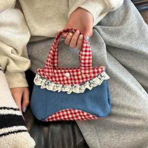 Korean sweet plaid denim handbag with lace trim, vintage red and blue colorblock tote bag details.