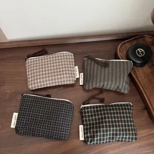 Carina borsa con zip in tela a quadri portamonete mini custodia portatile per studenti.
