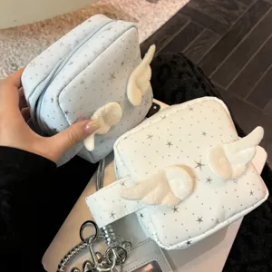 Cute mini star print square cosmetic pouch with plush angel wings makeup storage bag.