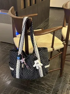 Bolso Tote de Lona con Lunares Francés de Gran Capacidad Bolso de Hombro Casual para Commuter Debajo del Brazo con Adorno de Encaje