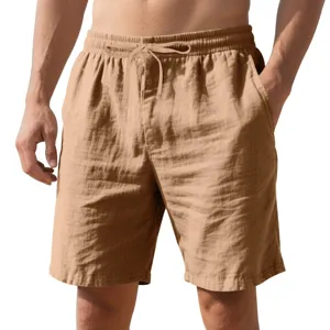 Heren casual linnen korte broek detailweergave, losse strandbroek met trekkoord en elastische taille.