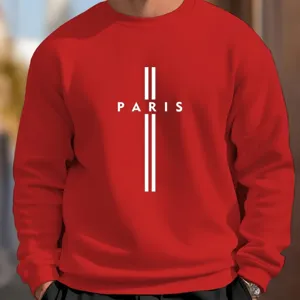 Red crewneck sweatshirt with white Paris letter and cross print for casual streetwear.