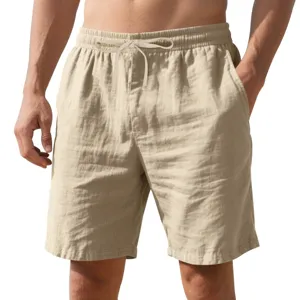 Detail casual linnen korte broek voor heren met elastische taille trekkoord zakken.