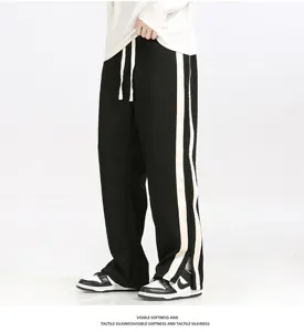 Men's loose casual straight leg sweatpants with contrast side stripes and comfortable drawstring.