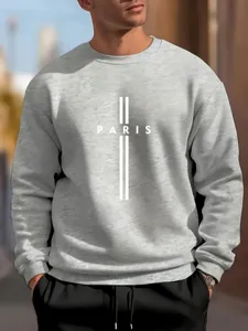 Men's grey crewneck sweatshirt featuring a minimalist cross and Paris letter print graphic streetwear top.